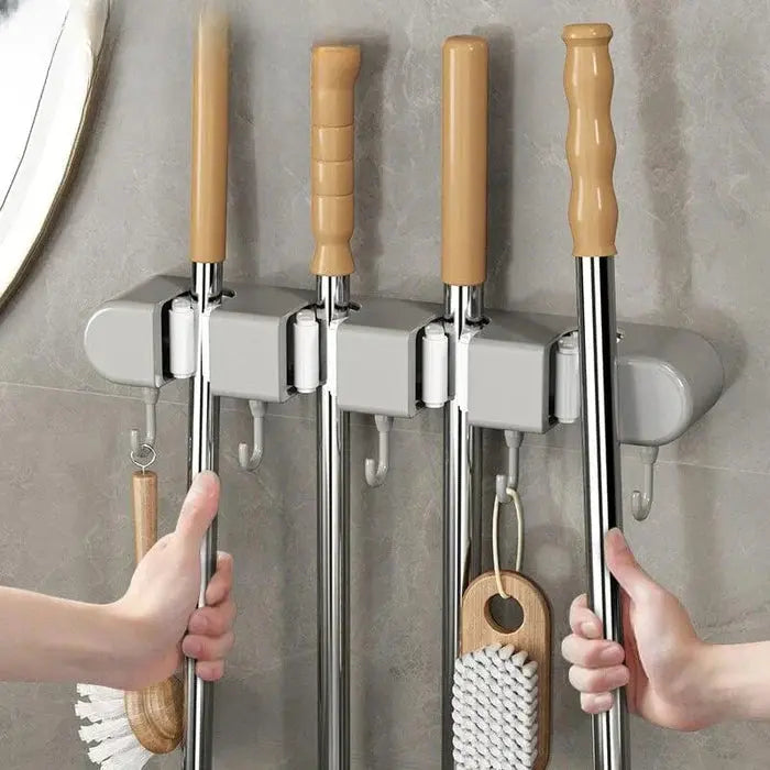 Wall Tool Holder Plastic Stainless Steel 33.4 cm Storage Organiser Garage Workshop Broom Mop Rack With 4 Grips 5 Hooks | Thomler
