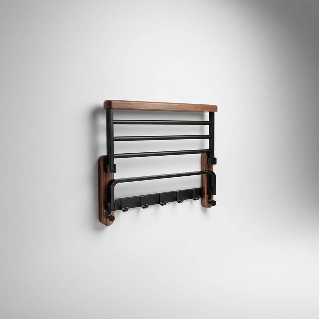 Walnut Wood Bathroom Towel Holder with Metal Bar – Space-Saving Wall Organizer for Towels & Accessories | Thomler