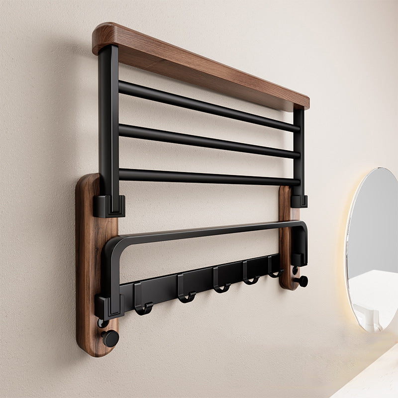 Walnut Wood Bathroom Towel Holder with Metal Bar – Space-Saving Wall Organizer for Towels & Accessories | Thomler