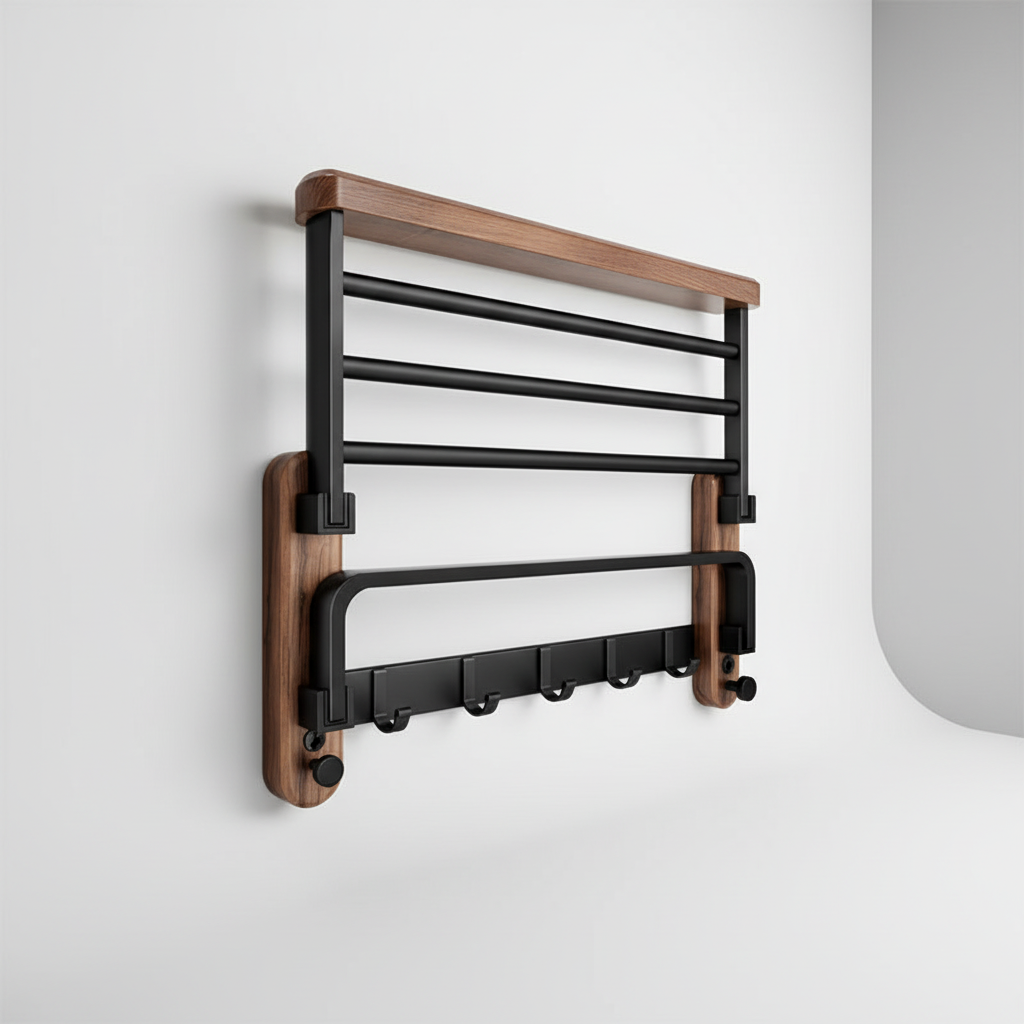 Walnut Wood Bathroom Towel Holder with Metal Bar – Space-Saving Wall Organizer for Towels & Accessories | Thomler