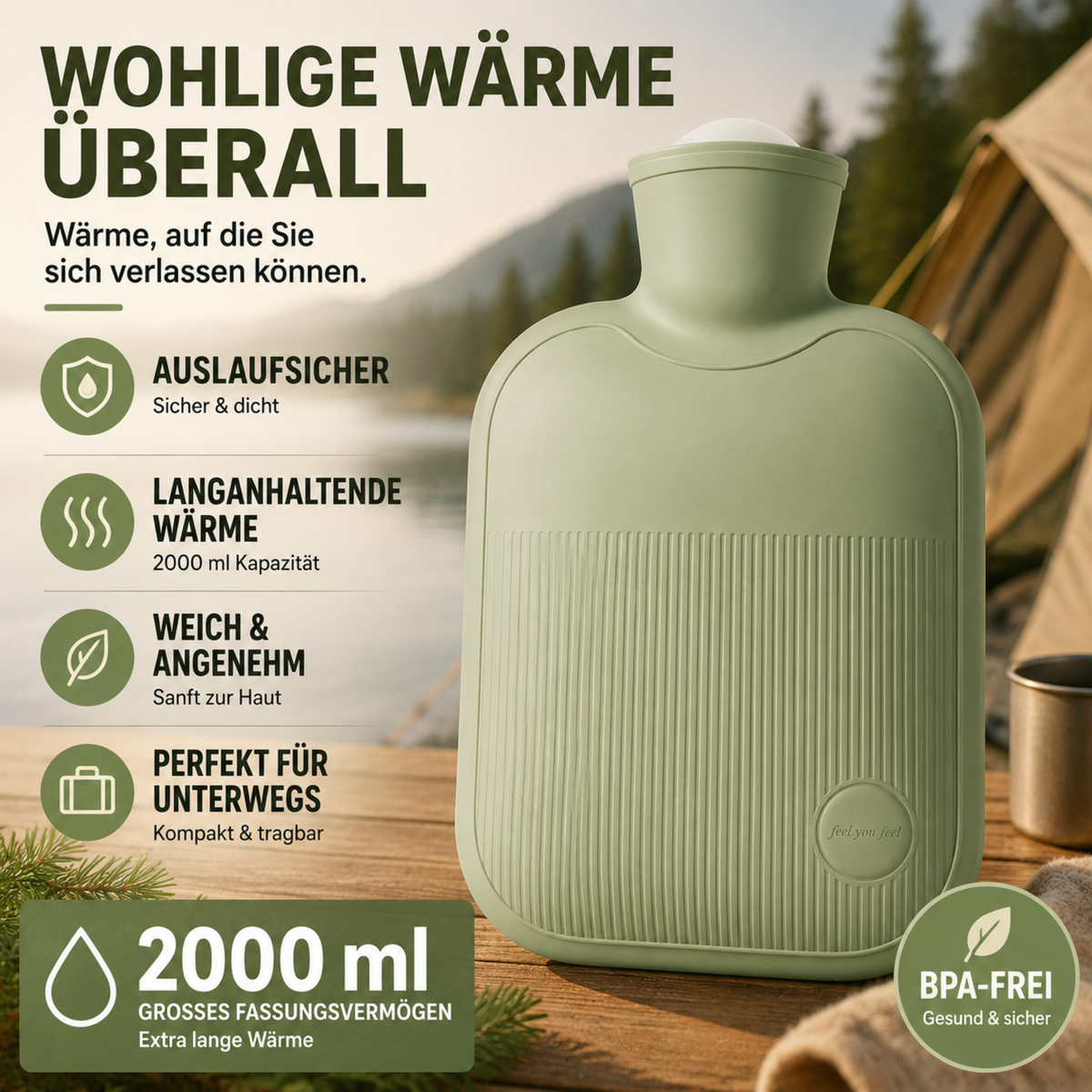Hot Water Bottle 68 oz Leak-Proof – Soothing Heat for Cold Days, Hands & Feet – PVC Fill Pouch with Soft Touch – Portable Warmth for Bed | Thomler