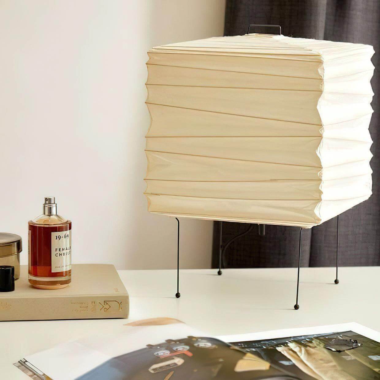 Table Lamp Washi Paper 9 in x 15 in Black Wire Legs Indoor Lighting Modern Cube Design Decorative Accent | Thomler
