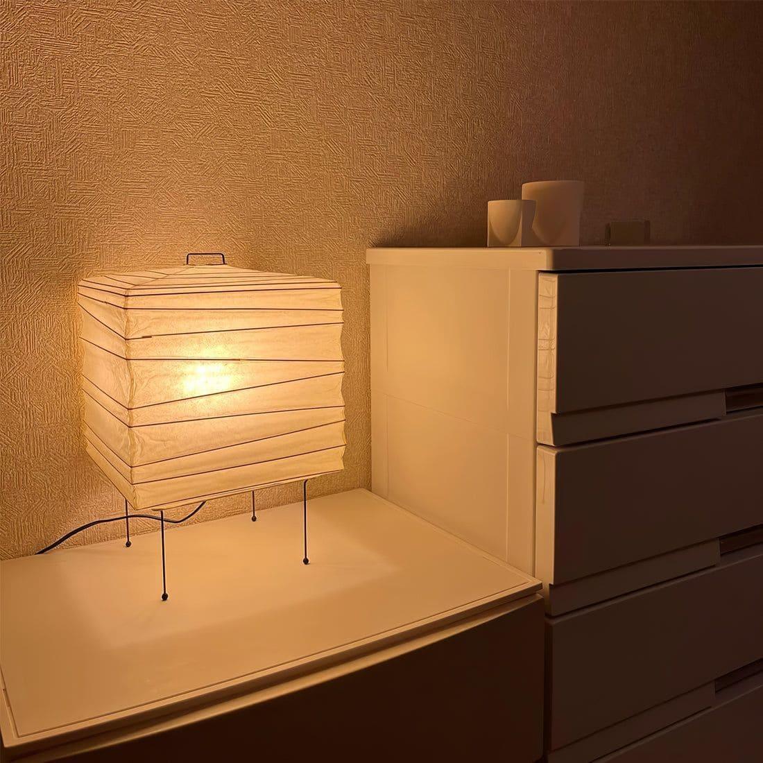 Table Lamp Washi Paper 9 in x 15 in Black Wire Legs Indoor Lighting Modern Cube Design Decorative Accent | Thomler