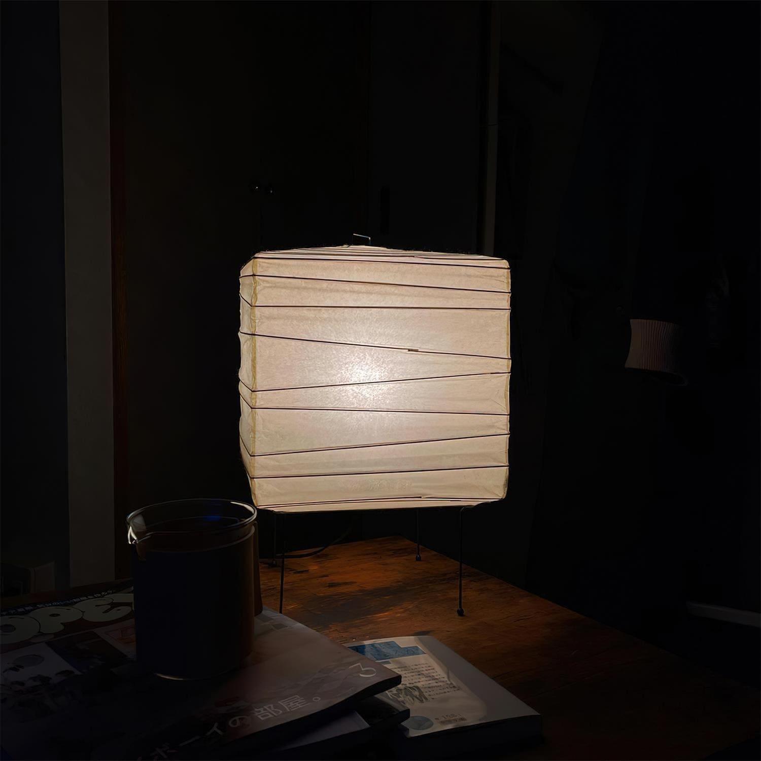 Table Lamp Washi Paper 9 in x 15 in Black Wire Legs Indoor Lighting Modern Cube Design Decorative Accent | Thomler