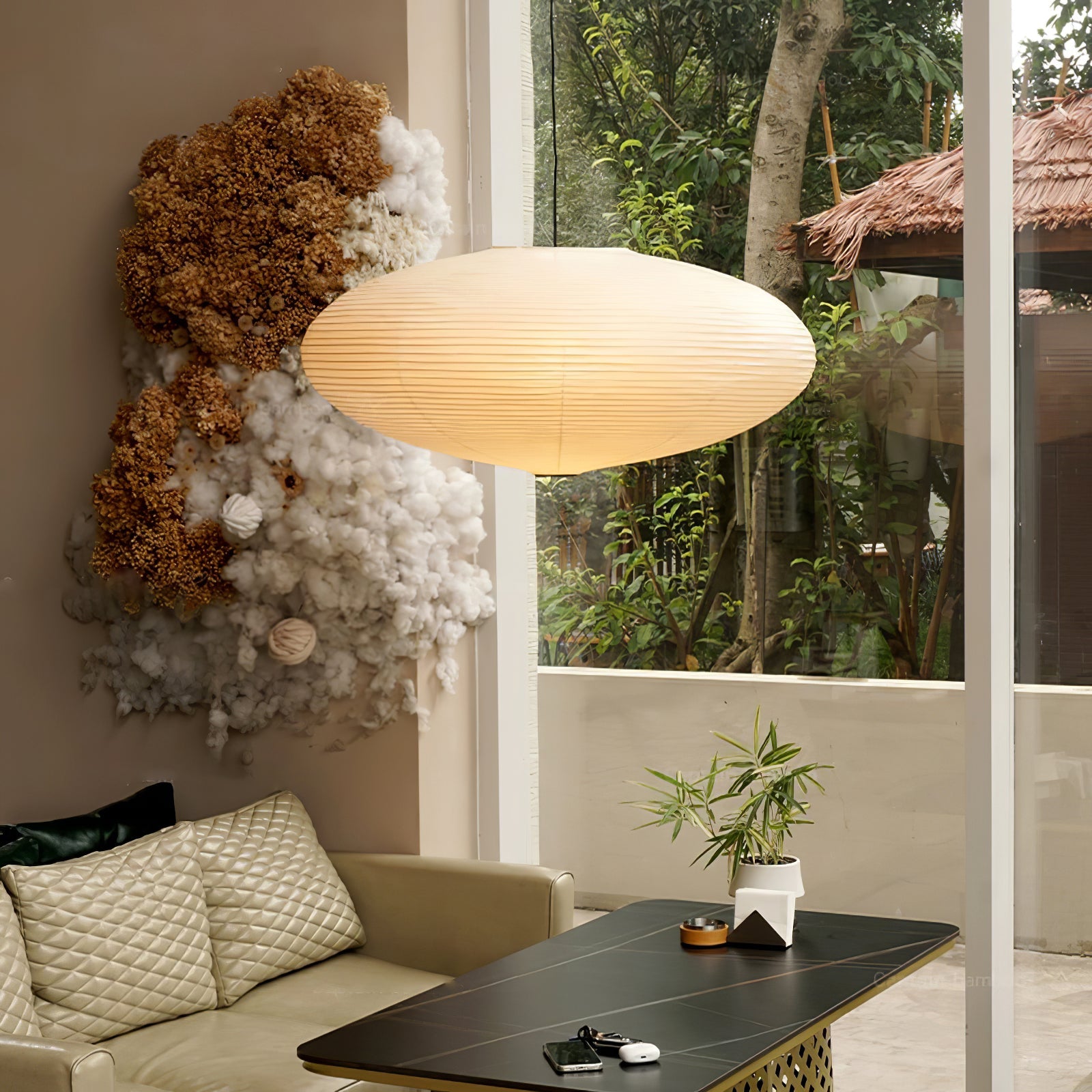 Akari Handcrafted Mulberry Paper Pendant Light 17.7 in Ceiling Indoor Warm Glow LED Edison Bulb | Thomler