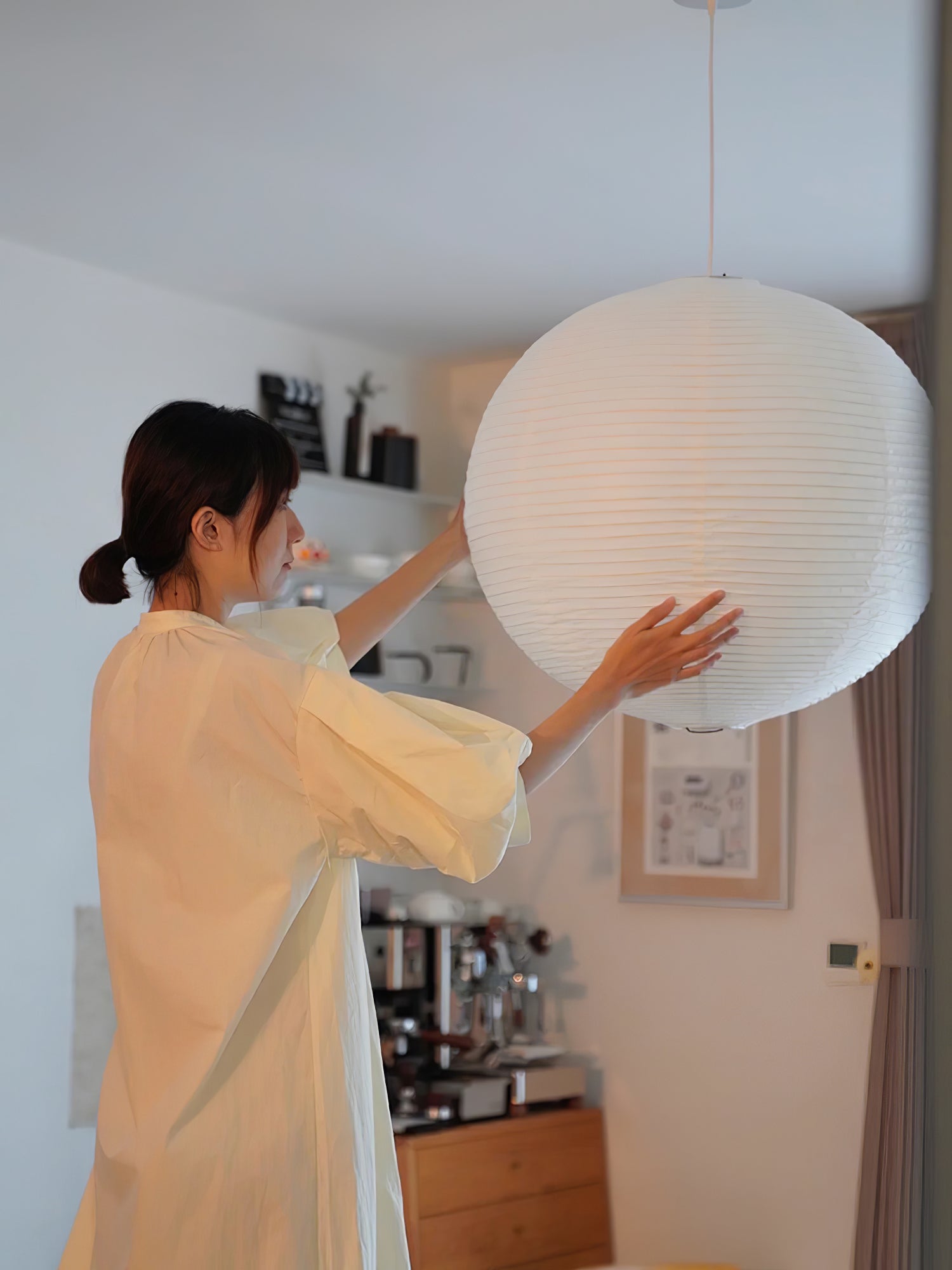 Pendant Lamp Mulberry Paper 15.7 in Adjustable Indoor Ceiling Lighting Modern Dining Room Kitchen Island Hanging Light | Thomler