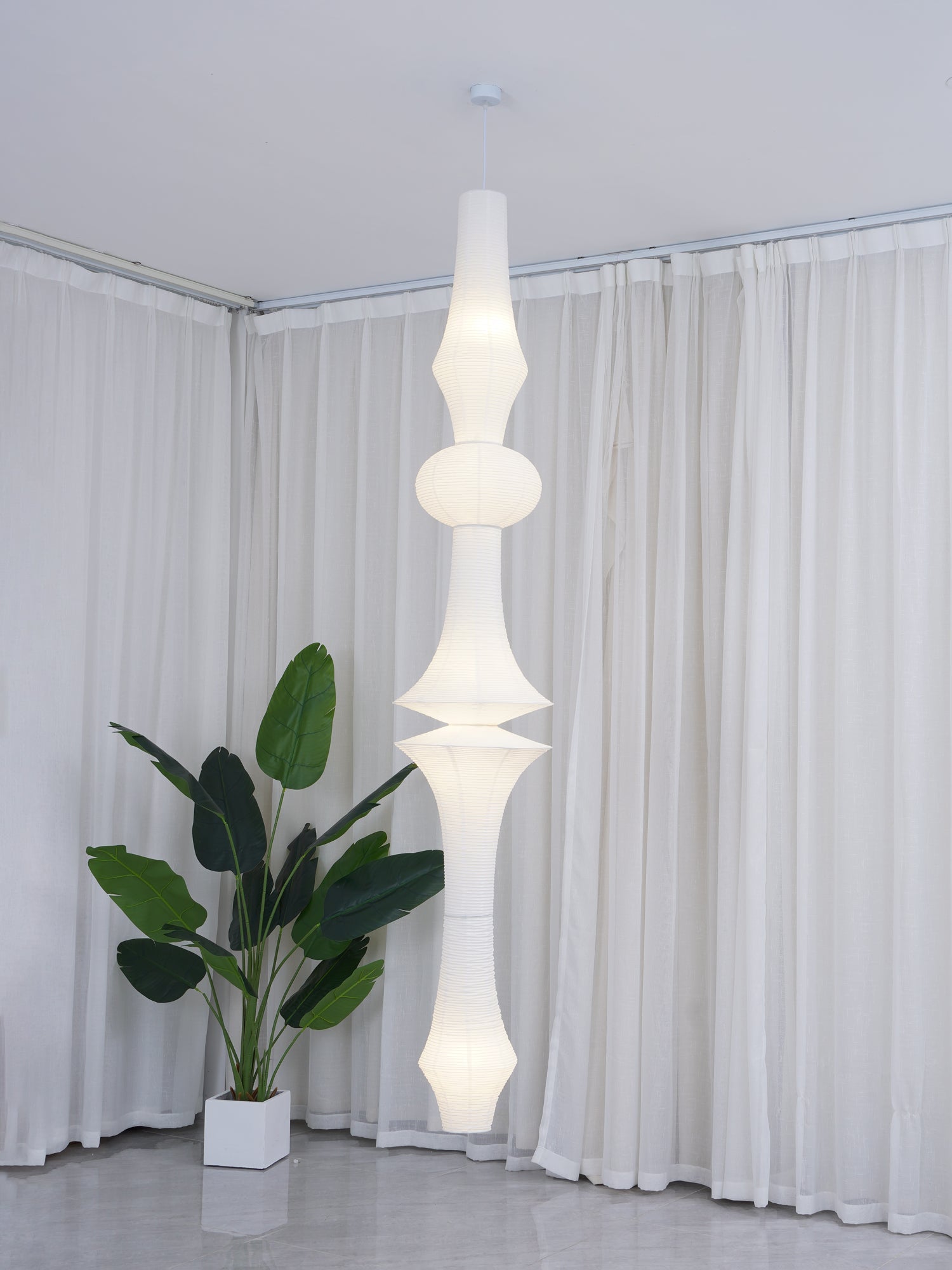 Washi Paper Pendant Light 12.2 in x 55.1 in White Indoor Ceiling Hanging Lamp Warm Ambient Lighting Decorative E26 E27 | Thomler