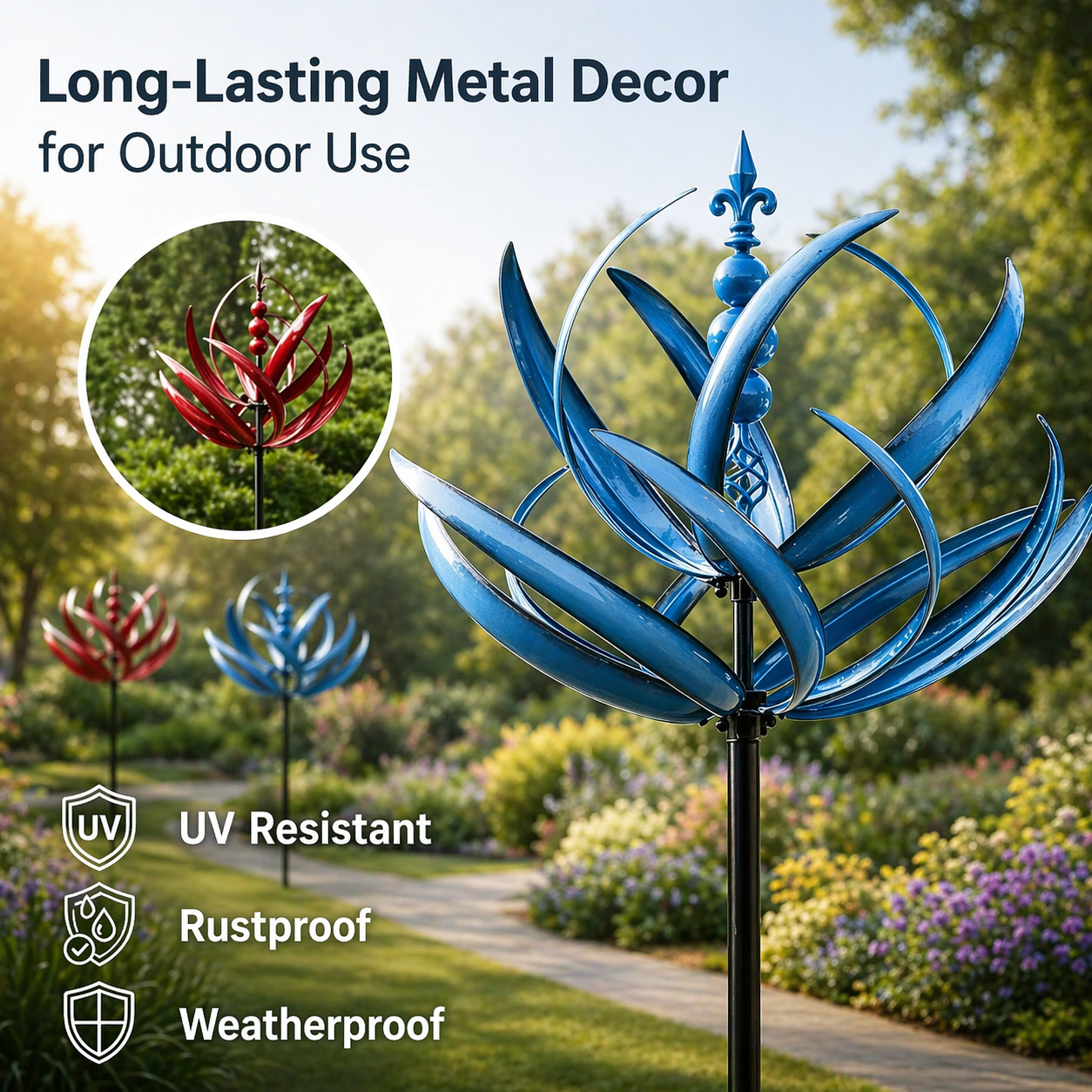 Metal Garden Wind Spinner Kinetic Yard Sculpture Dual-Spin Weather Vane Ornament Outdoor Lawn Stake Flower Petal Rotating Art for Patio Yard | Thomler