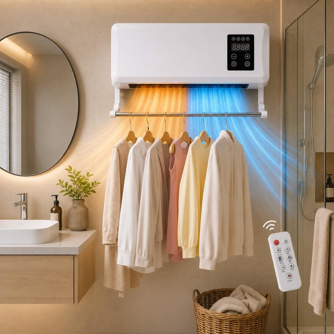 Wall-Mounted Heater Fan with Built-In Clothes Drying Rack & Remote Control for Bathroom Bedroom | Thomler
