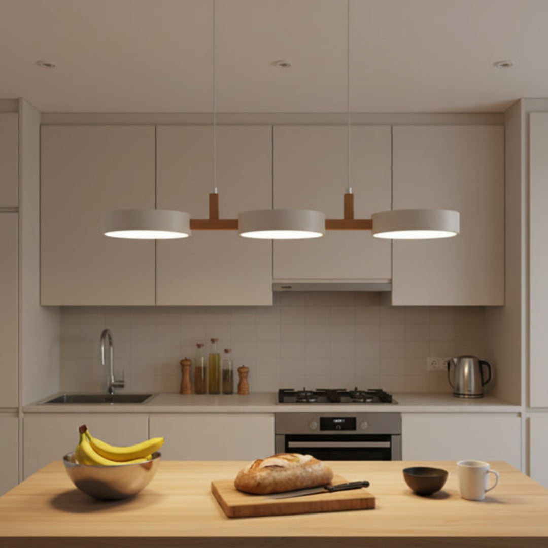 Modern Round Pendant Light with Wood Accents for Dining Room – 30 in LED Hanging Ceiling Fixture Kitchen Island Breakfast Nook | Thomler