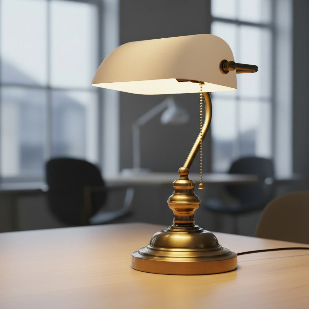 Classic Banker Desk Lamp with White Glass Shade & Antique Brass Base for Home Office Reading | Thomler