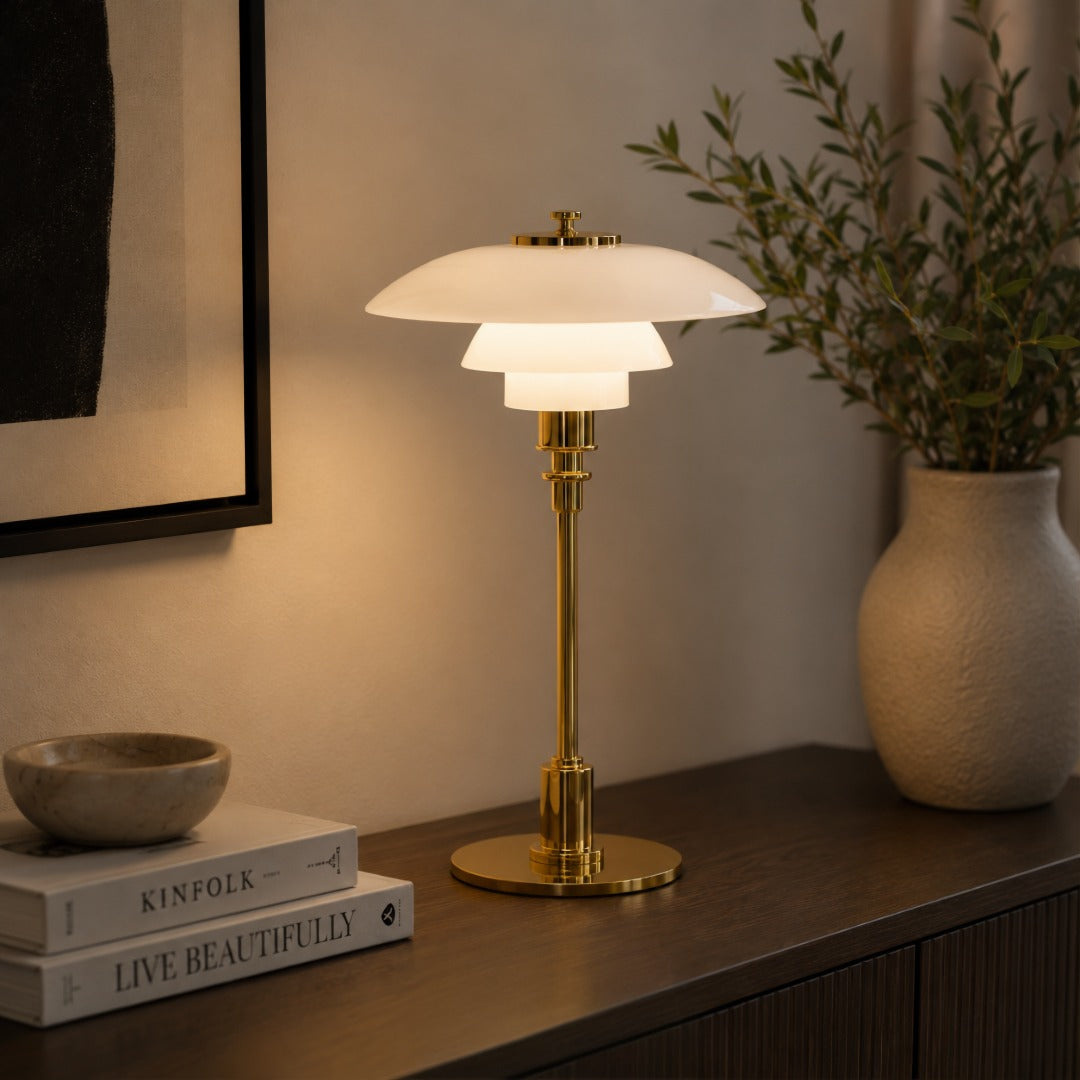 Layered Glass Table Lamp with Metal Base – Scandinavian Accent Light for Bedroom, Living Room & Office | Thomler