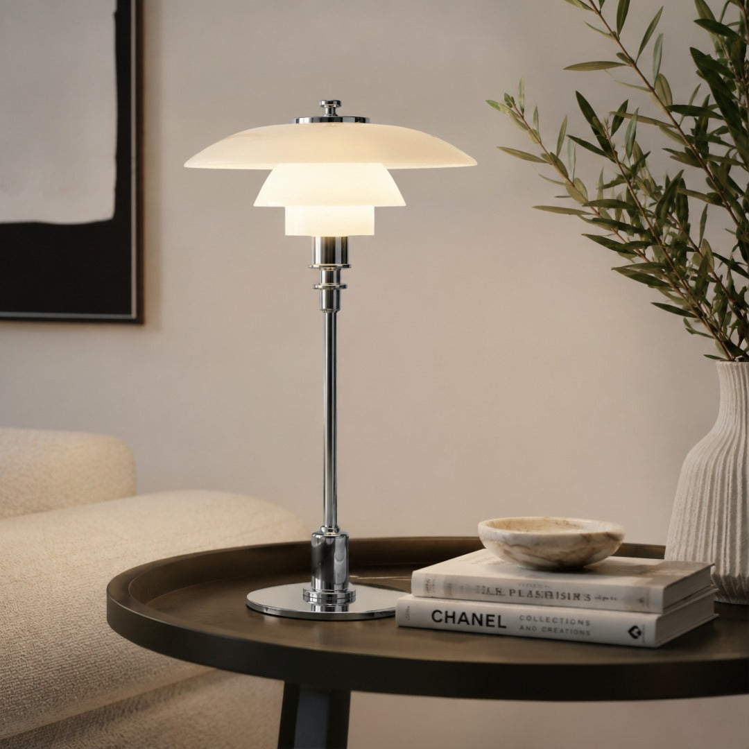 Layered Glass Table Lamp with Metal Base – Scandinavian Accent Light for Bedroom, Living Room & Office | Thomler