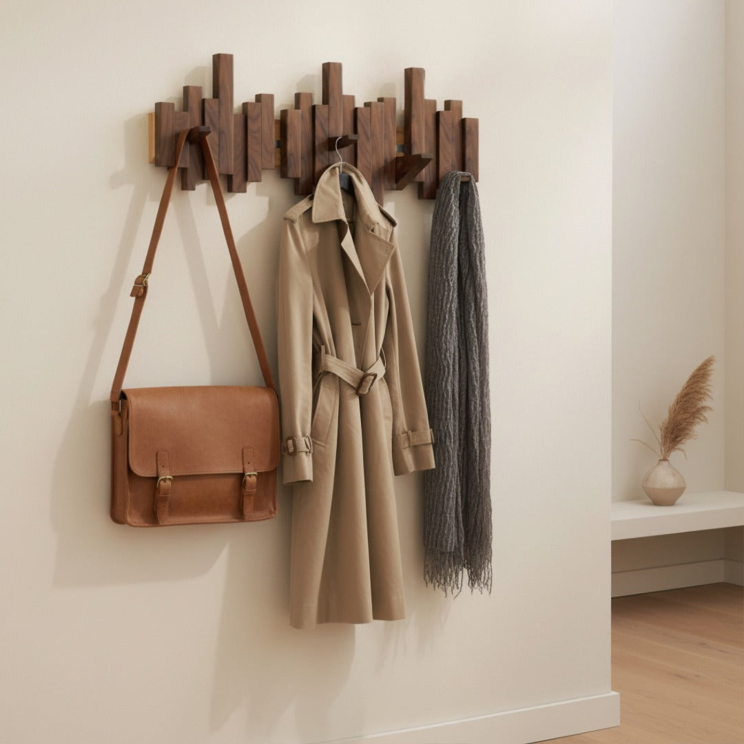 Wall-Mounted Coat Rack with Fold-Down Hooks — Solid Wood Piano Key Design for Entryway Bedroom Hallway Mudroom | Thomler
