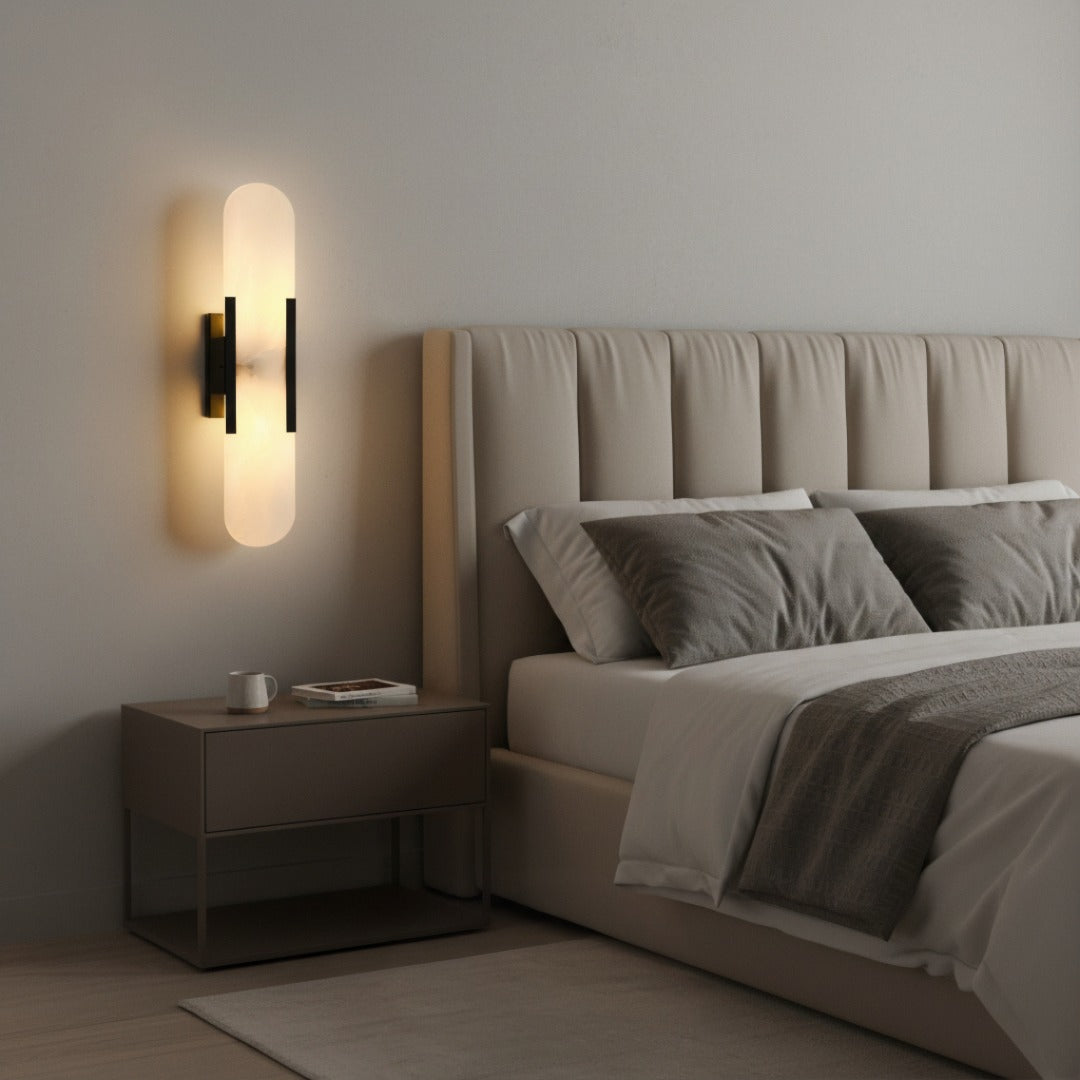 Marble Wall Sconce with Brass Finish - Modern Accent Light for Living Room, Bedroom, Hallway - Natural Stone Texture Ambient Lighting - G9 | Thomler