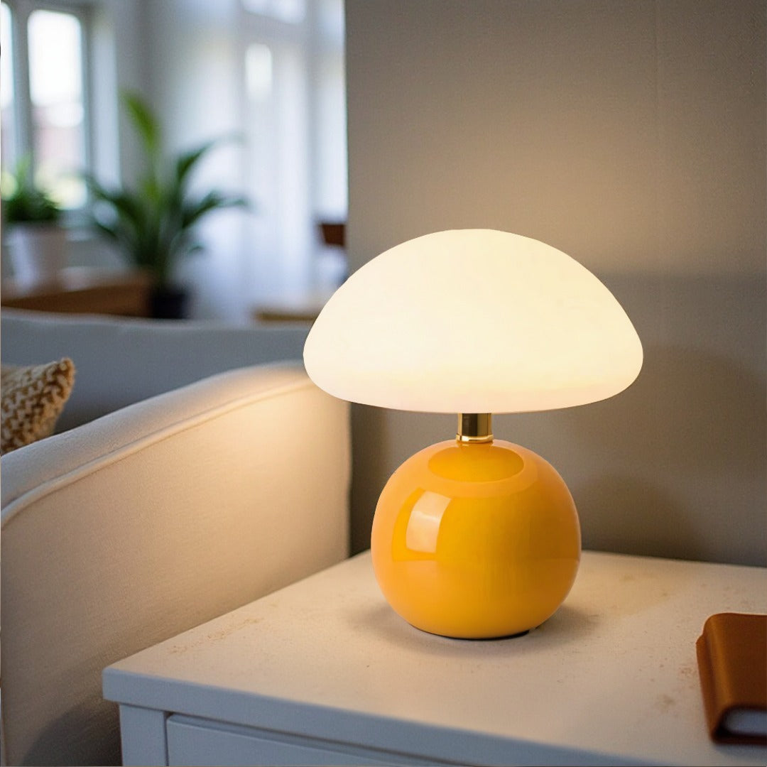 Mushroom Table Lamp with 3-Level Dimmable LED Light – Retro Ceramic & Frosted Glass Desk Lamp for Bedroom, Living Room & Office | Thomler