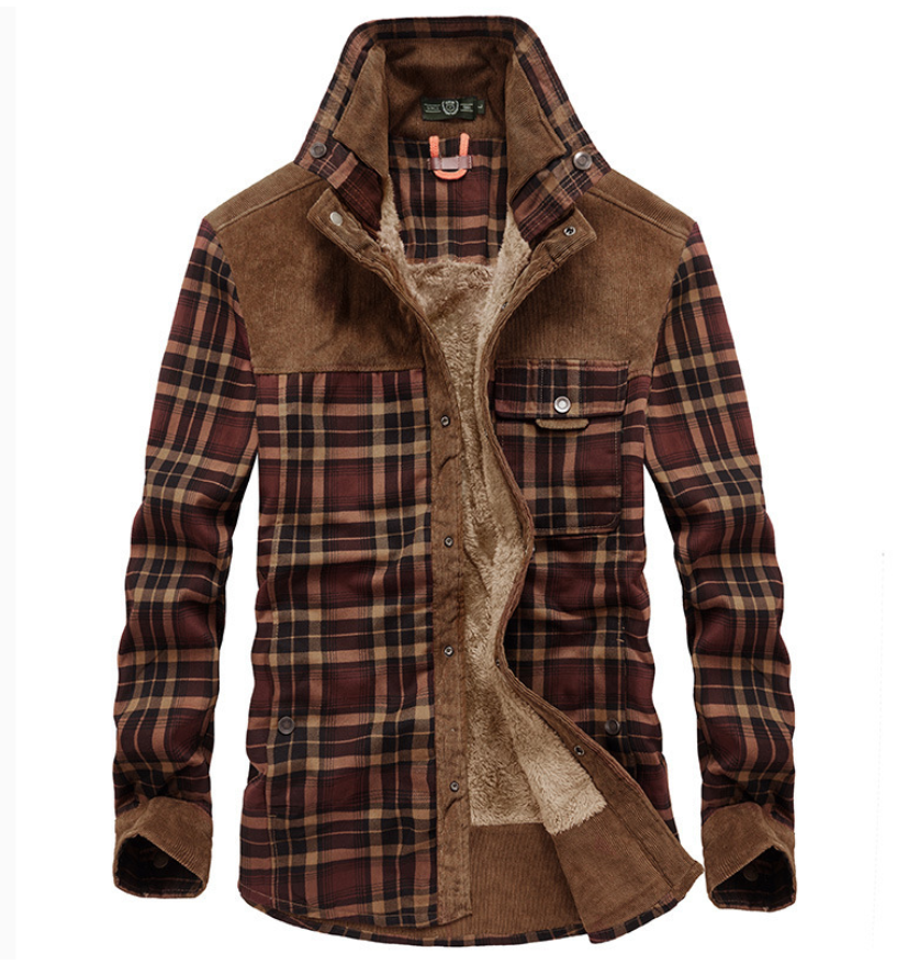 Men's Corduroy-Trimmed Sherpa-Lined Plaid Shirt Jacket for Cold Weather Layering – Fall Winter Heavyweight Button-Front Collared Coat with | Thomler