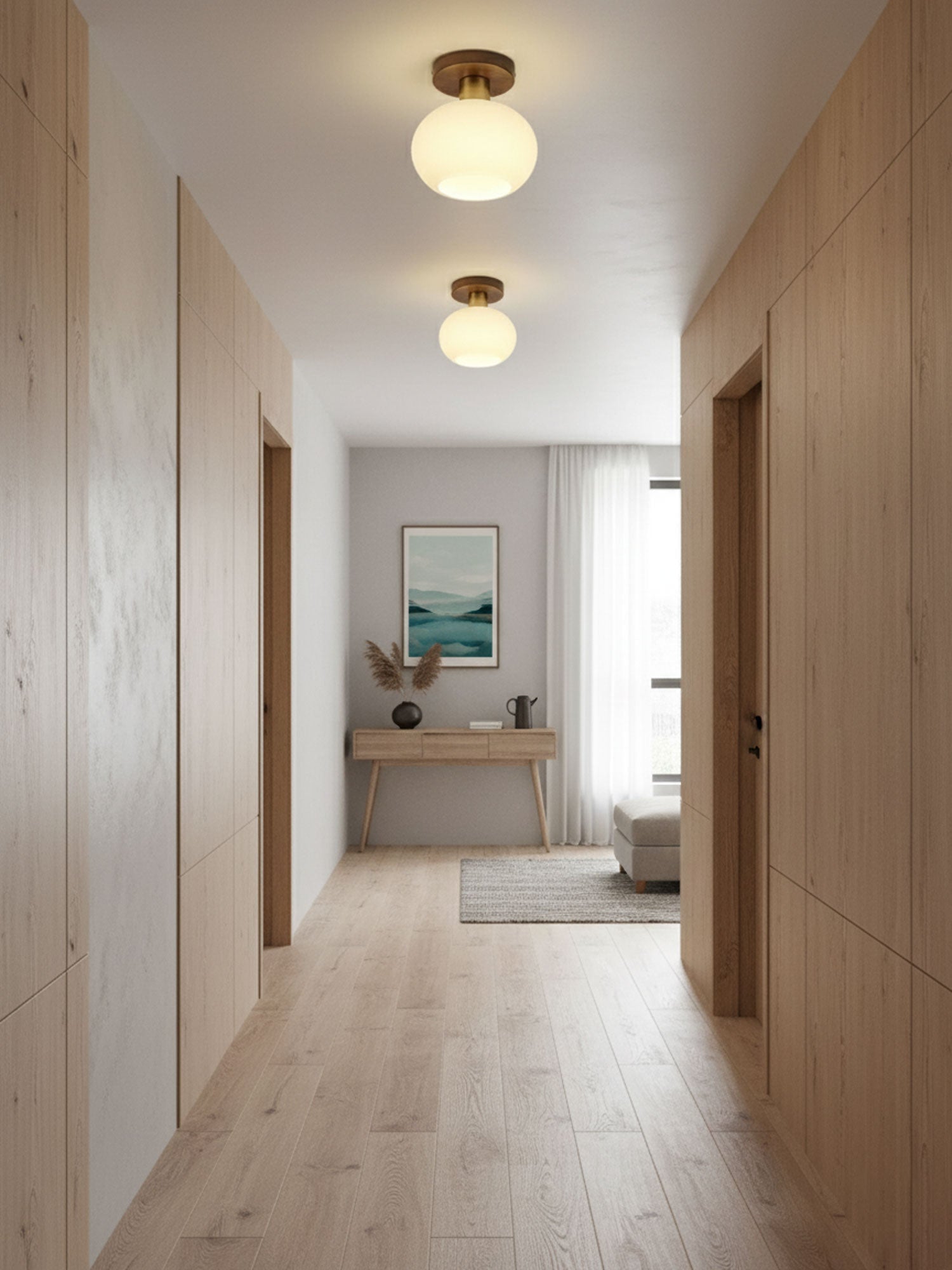 Ceiling Light Walnut Copper Glass Globe 18.0 cm Hallway Bedroom Flush Mount Opal E27 Scandinavian Japandi Lighting | Thomler