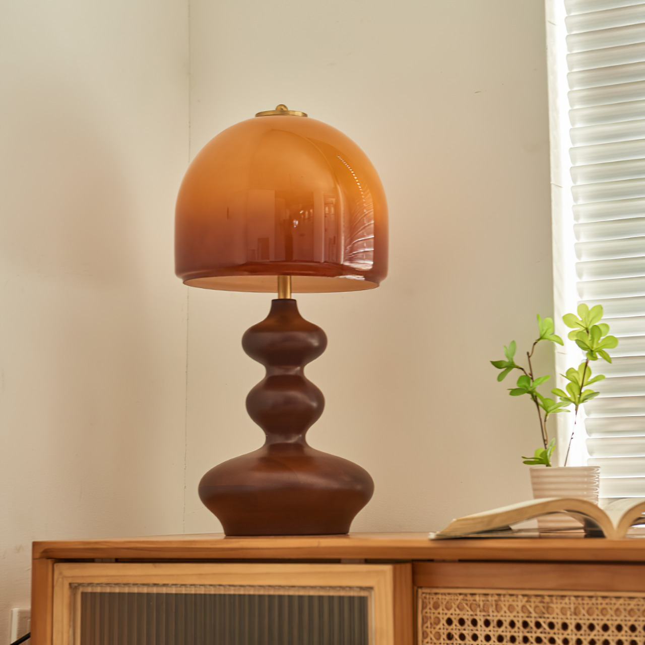 Table Lamp Wood 9.8 in Caramel Dome Indoor Lighting Modern Bedroom Living Room Decor | Thomler