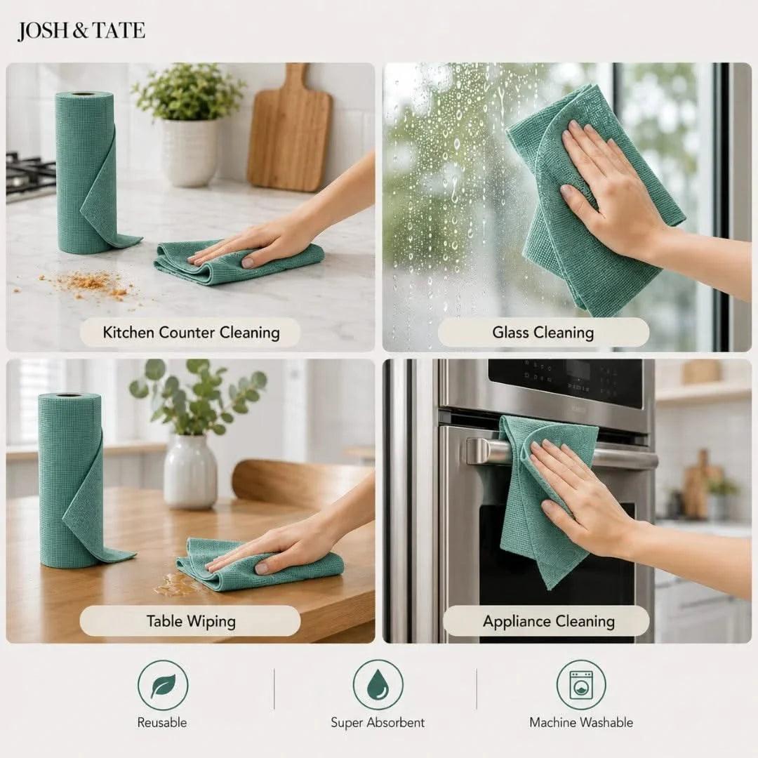 Washable Microfiber Towel Sheets for Kitchens and Homes – 50-Count Tear-Off Roll, 10×10 Inch Cleaning Cloths – Multi-Purpose Absorbent | Thomler