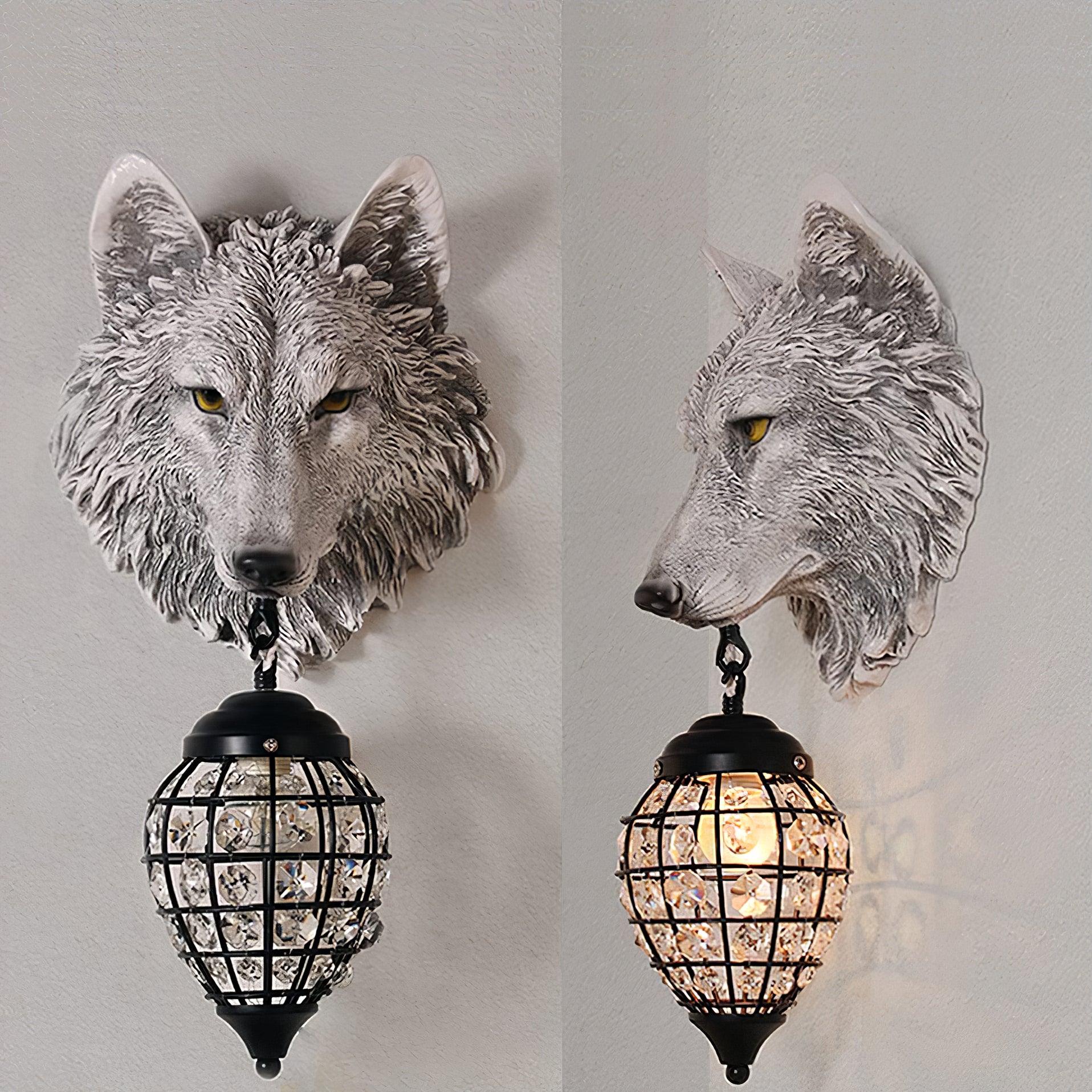 Sculptural Wolf Sconce with Crystal Accents 20.5 in Gold Gray Patina Iron Resin Fixture Entryway Living Room Hallway Decorative Wildlife Sta | Thomler