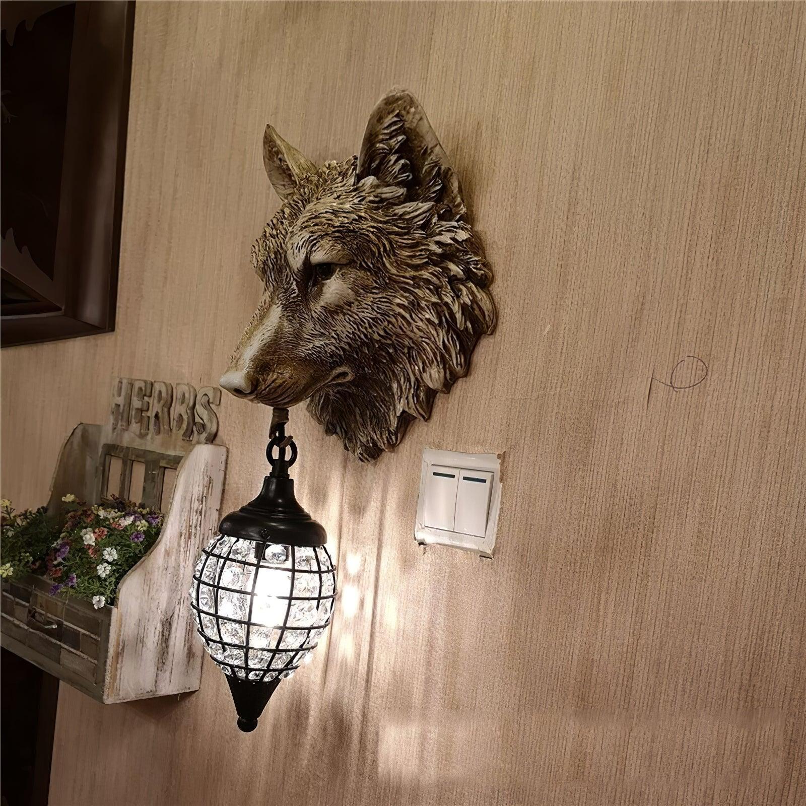 Sculptural Wolf Sconce with Crystal Accents 20.5 in Gold Gray Patina Iron Resin Fixture Entryway Living Room Hallway Decorative Wildlife Sta | Thomler