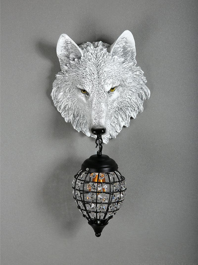 Sculptural Wolf Sconce with Crystal Accents 20.5 in Gold Gray Patina Iron Resin Fixture Entryway Living Room Hallway Decorative Wildlife Sta | Thomler