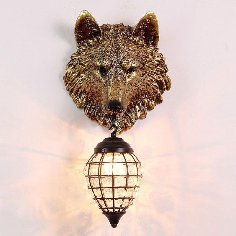 Sculptural Wolf Sconce with Crystal Accents 20.5 in Gold Gray Patina Iron Resin Fixture Entryway Living Room Hallway Decorative Wildlife Sta | Thomler