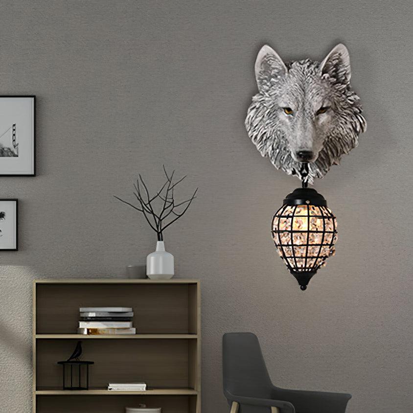 Sculptural Wolf Sconce with Crystal Accents 20.5 in Gold Gray Patina Iron Resin Fixture Entryway Living Room Hallway Decorative Wildlife Sta | Thomler
