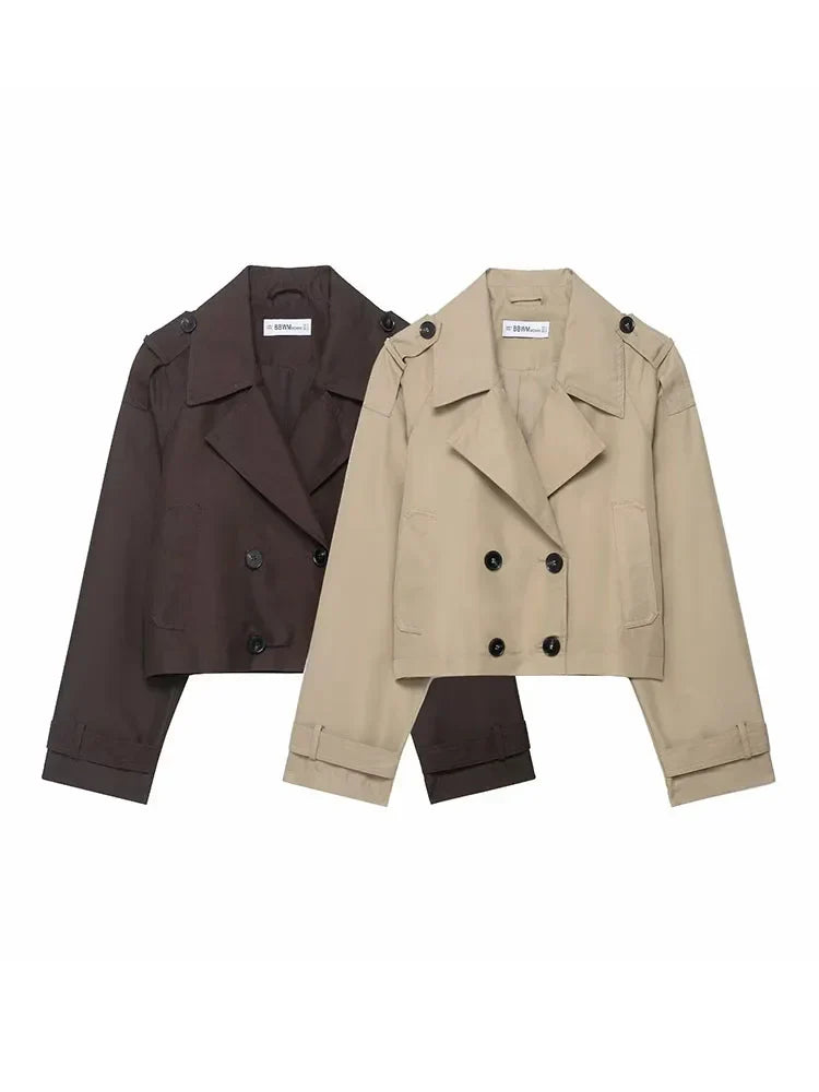 Cropped Double-Breasted Jacket Women's Work Blazer Khaki Brown Short Trench Style Coat Fall Winter Layering Piece Office Casual | Thomler