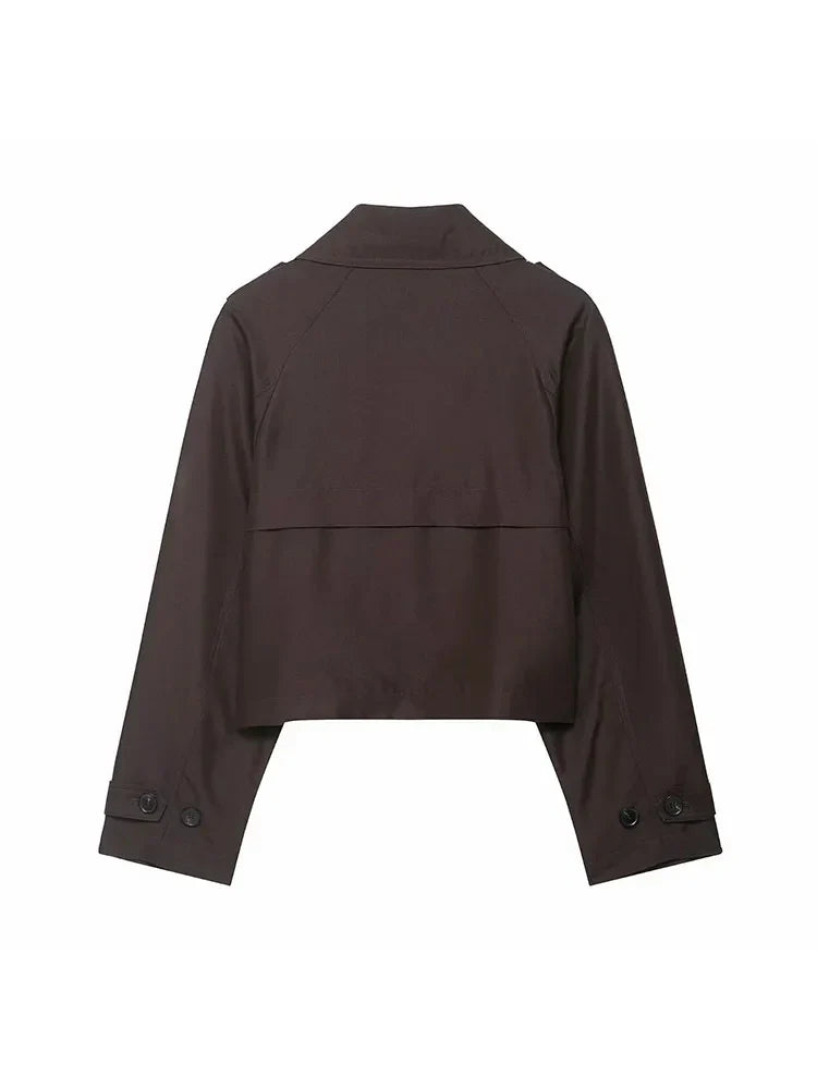 Cropped Double-Breasted Jacket Women's Work Blazer Khaki Brown Short Trench Style Coat Fall Winter Layering Piece Office Casual | Thomler