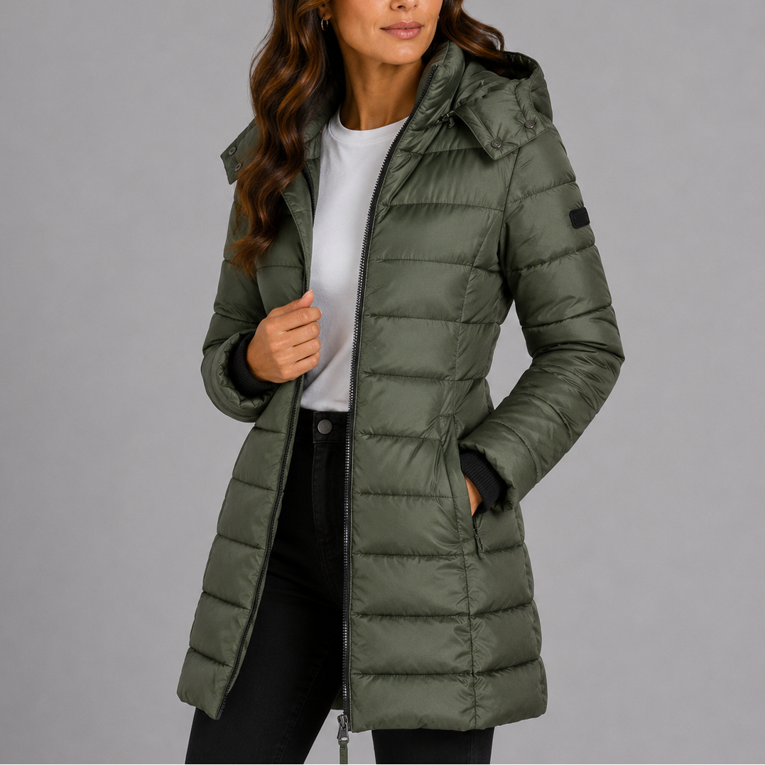 Women's Extended Puffer Jacket with Hood, Zip Pockets & Insulated Quilting – Winter Coat for Cold Weather, Commuting | Thomler