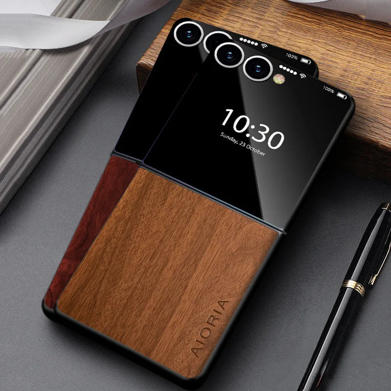 Foldable Phone Case Wood Grain Texture for Samsung Galaxy Z Flip 3 4 5 6 7 8 FE Shockproof PU Cover Anti-Fingerprint | Thomler