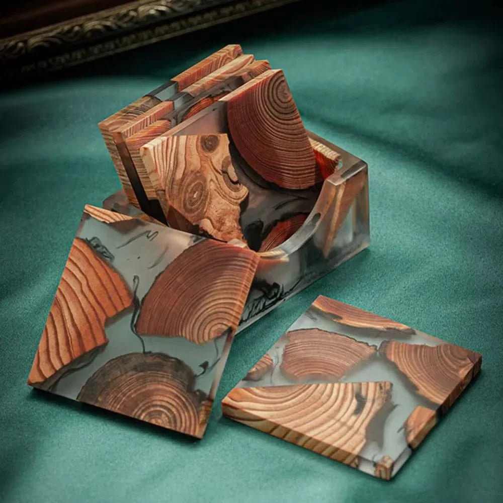 Japanese-Inspired Resin & Wood Square Drink Coasters – Heat-Resistant Non-Slip Table Protection for Coffee, Tea & Wine Glasses | Thomler