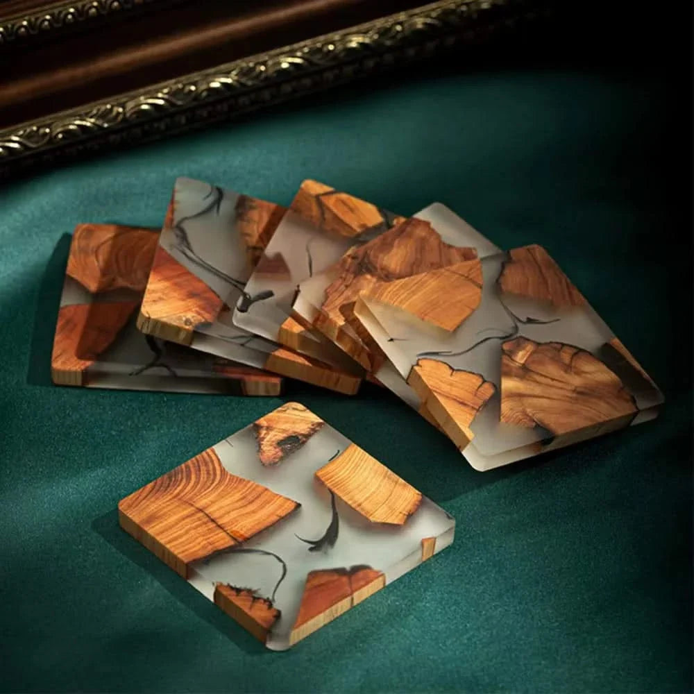 Japanese-Inspired Resin & Wood Square Drink Coasters – Heat-Resistant Non-Slip Table Protection for Coffee, Tea & Wine Glasses | Thomler