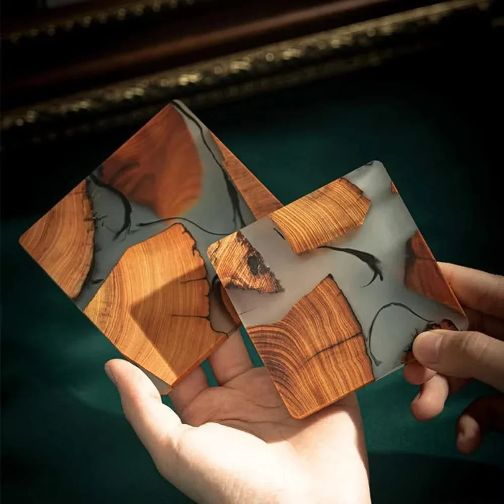 Japanese-Inspired Resin & Wood Square Drink Coasters – Heat-Resistant Non-Slip Table Protection for Coffee, Tea & Wine Glasses | Thomler