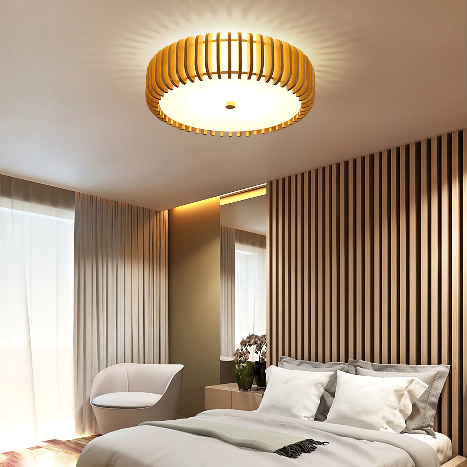 Flush Mount Ceiling Light Wood 19.7 in Indoor Dining Living Room Soft White Acrylic Modern Fixture | Thomler