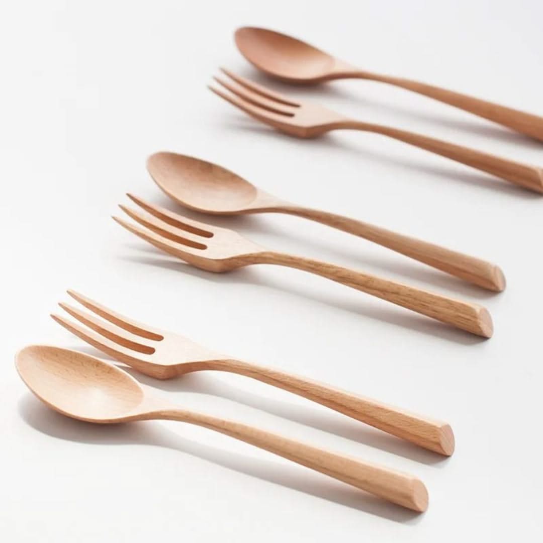 Bamboo Flatware Set – 6-Piece Reusable Utensil Kit with Spoons & Forks for Lunch, Travel & Home Dining | Thomler