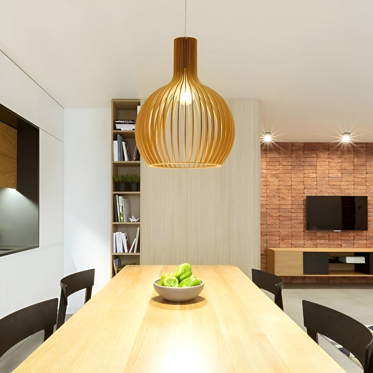 Slatted Timber Hanging Fixture – Semi-Flush Drum Pendant with LED Bulb for Dining Room & Bedroom – Scandinavian Cage Design Overhead | Thomler