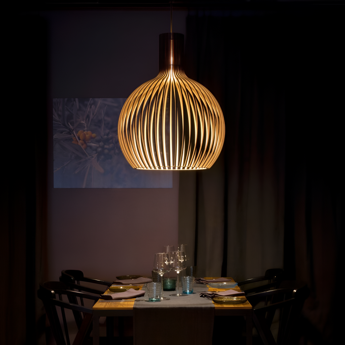 Slatted Timber Hanging Fixture – Semi-Flush Drum Pendant with LED Bulb for Dining Room & Bedroom – Scandinavian Cage Design Overhead | Thomler