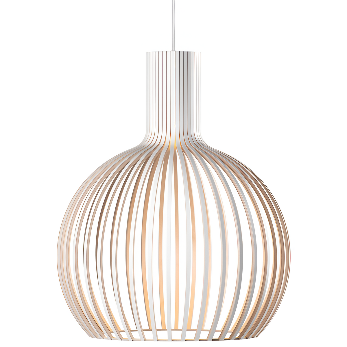 Slatted Timber Hanging Fixture – Semi-Flush Drum Pendant with LED Bulb for Dining Room & Bedroom – Scandinavian Cage Design Overhead | Thomler