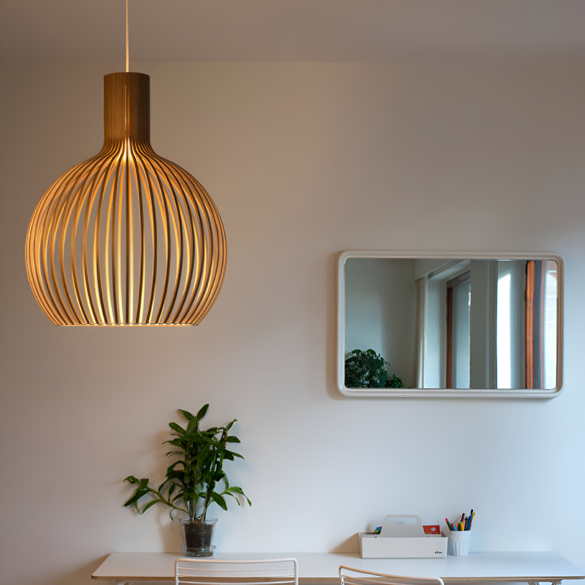 Slatted Timber Hanging Fixture – Semi-Flush Drum Pendant with LED Bulb for Dining Room & Bedroom – Scandinavian Cage Design Overhead | Thomler