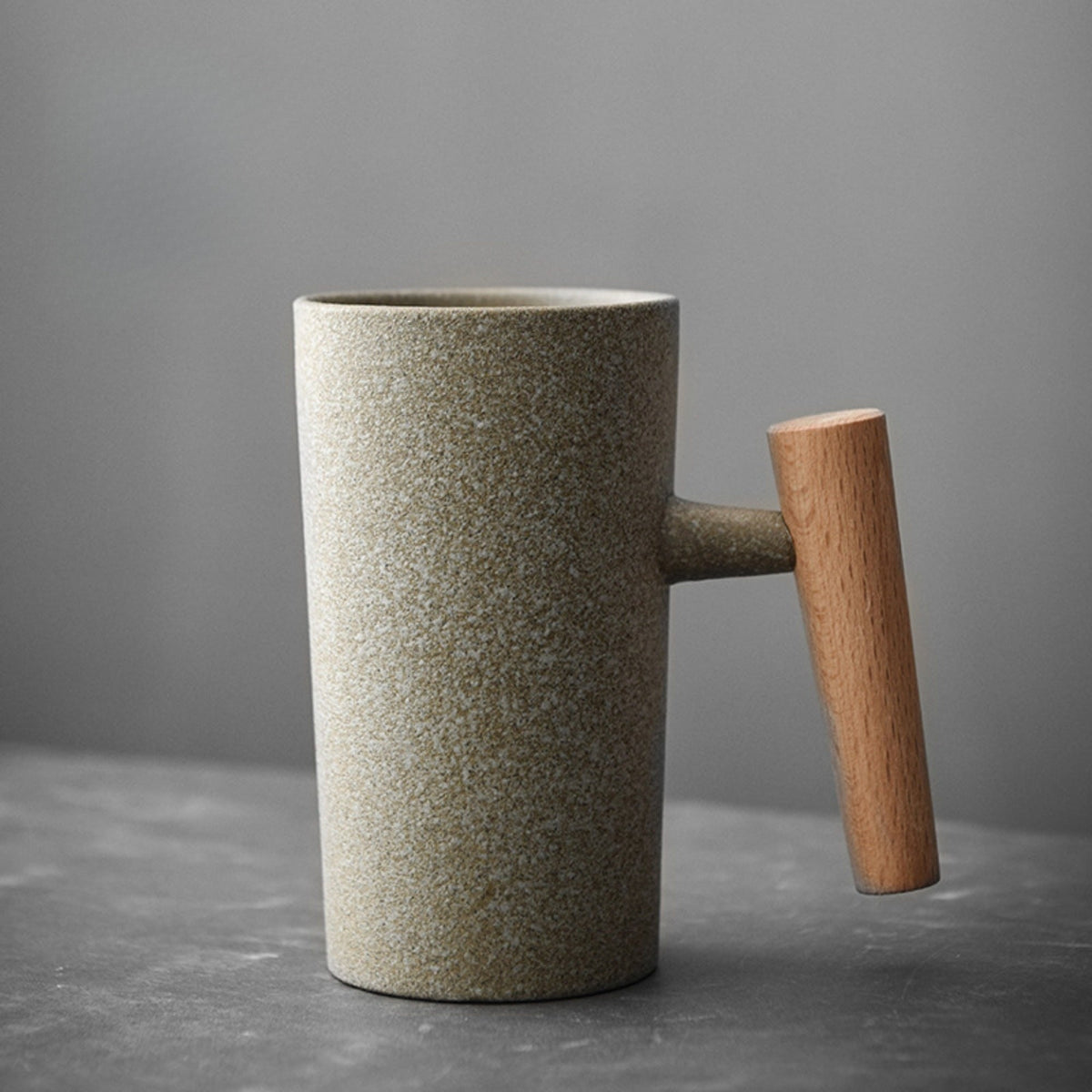Stone-Texture Ceramic Coffee Mug with Wooden Handle for Hot Beverages | Kitchen Drinkware Cup for Tea Coffee Latte | Modern Rustic Nordic | Thomler