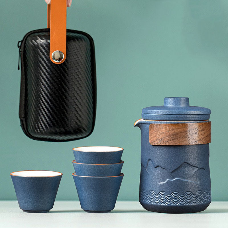 Tea Set Ceramic 350 ml Black Travel Portable Office Outdoor Gongfu Teapot Cups With Carry Bag | Thomler