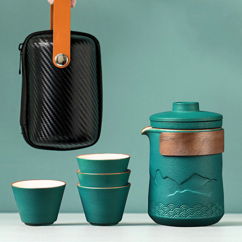 Tea Set Ceramic 350 ml Black Travel Portable Office Outdoor Gongfu Teapot Cups With Carry Bag | Thomler