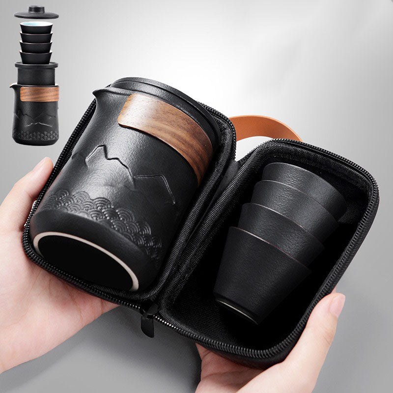 Tea Set Ceramic 350 ml Black Travel Portable Office Outdoor Gongfu Teapot Cups With Carry Bag | Thomler