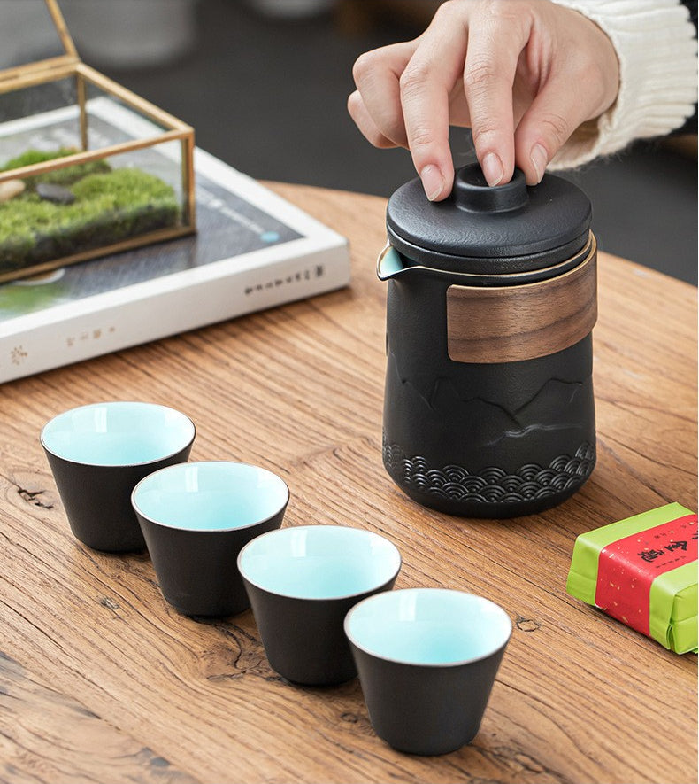 Tea Set Ceramic 350 ml Black Travel Portable Office Outdoor Gongfu Teapot Cups With Carry Bag | Thomler