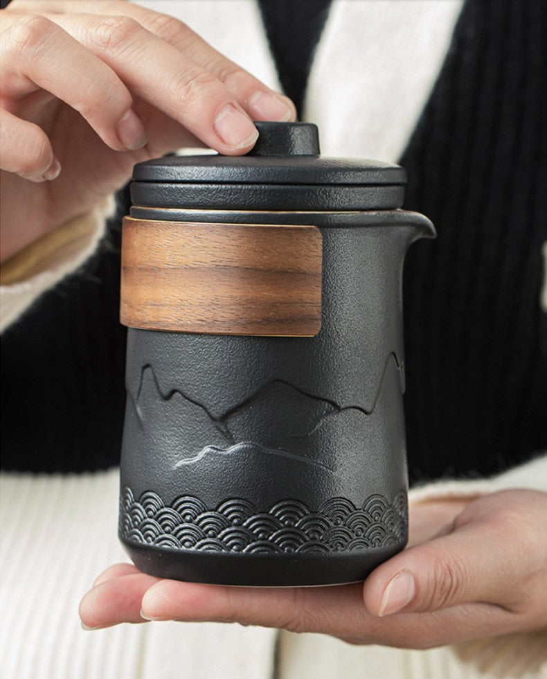 Tea Set Ceramic 350 ml Black Travel Portable Office Outdoor Gongfu Teapot Cups With Carry Bag | Thomler