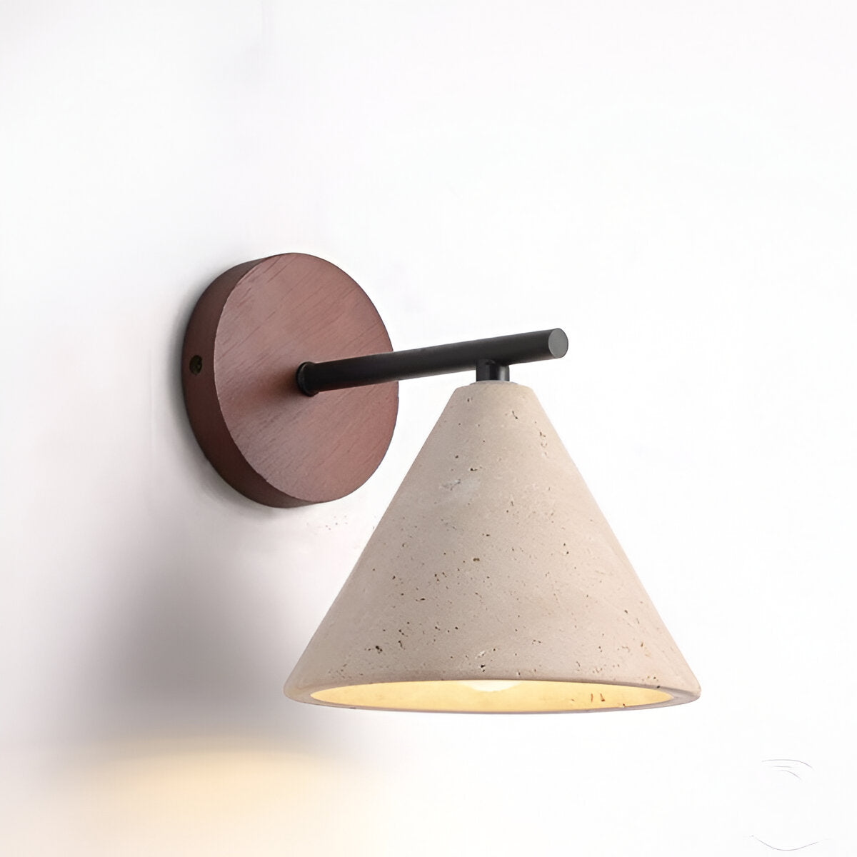 Wall Lamp Travertine Stone 5.9 in Bedroom Hallway Ambient Lighting Wood Base Cone Shade Modern Wabi Sabi Fixture | Thomler
