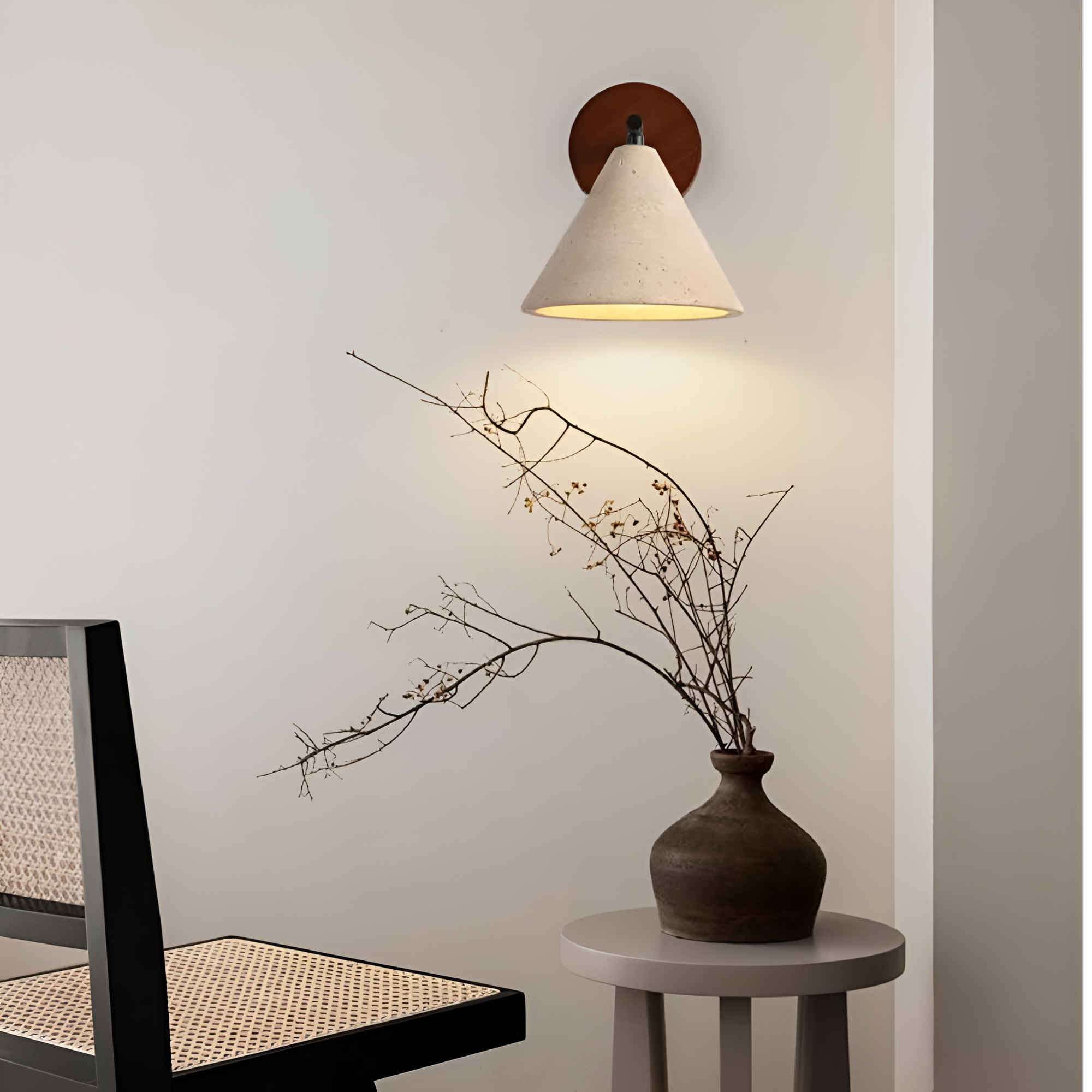 Wall Lamp Travertine Stone 5.9 in Bedroom Hallway Ambient Lighting Wood Base Cone Shade Modern Wabi Sabi Fixture | Thomler